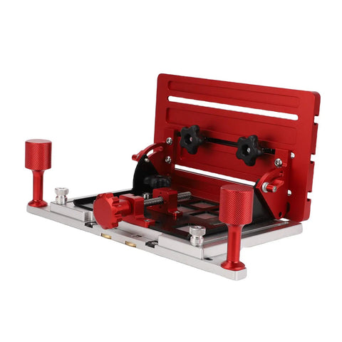 Adjustable Woodworking Backer Clamp for Table Saw with heavy-duty aluminum back plate, shown in red, fits various board sizes.