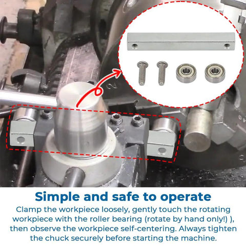 Centering Tool For Small Stock On Lathe With Bump Roller And Truing Action 0XA AXA BXA shown installed and in use on a lathe.