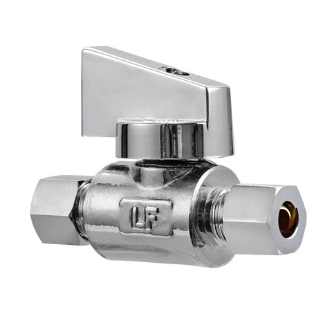 Close-up of chrome-plated brass angle valve with 1/4 in compression fittings, quarter-turn