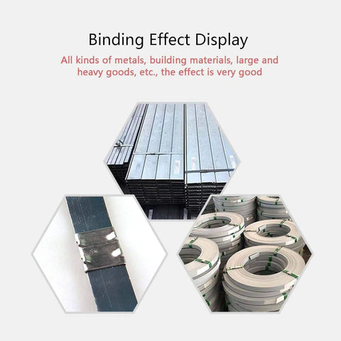 Heavy Duty Pneumatic Steel Strapping Machine Tool 19mm Metal Sealer Tensioner And Cutter High Tensile Baler shown binding metals and heavy goods.
