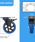 4 Inch Caster Wheels With Brake, heavy duty swivel castor with top plate, dimensions, blue polyurethane wheel, side and top view