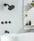 Three-Handle Tub And Shower Faucet Set In Dope Matte Black With 6-Inch Shower Head, Tub Spout, And Three Knobs Trim Kit