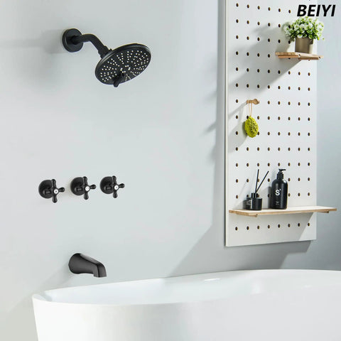 Three-Handle Tub And Shower Faucet Set In Dope Matte Black With 6-Inch Shower Head, Tub Spout, And Three Knobs Trim Kit
