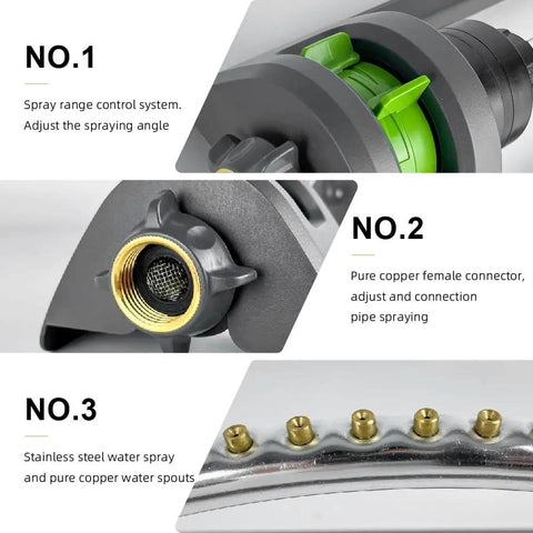 Close-up of Oscillating Yard Sprinkler Workhorse With 18 Brass Nozzles, featuring adjustable spray range and female connector