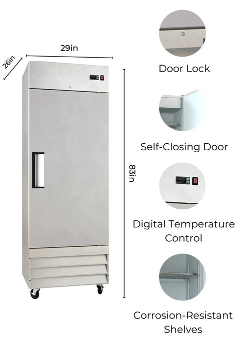 Heavy Duty Commercial Reach In Freezer 29 Inch Single Door Stainless Steel Cabinet showcasing digital temp control and self-closing door.