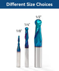 CNC router bits set: carbide ball-nose end mills with nano blue coating in three sizes 1/8, 1/4, 1/2 inches.