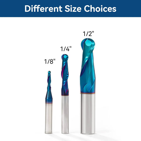 CNC router bits set: carbide ball-nose end mills with nano blue coating in three sizes 1/8, 1/4, 1/2 inches.