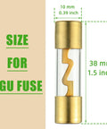 Heavy Duty 100 Amp In Line Fuse Holder with Agc Fuses 4 to 8 Gauge AWG Wire for Car Amps Stereos Boat Alarms Water Pumps close-up of AGU fuse size with measurements.