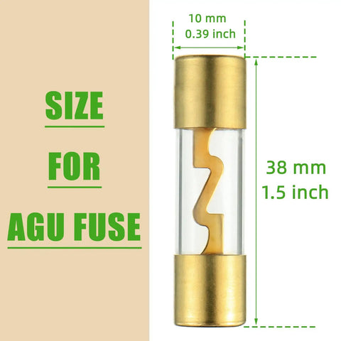 Heavy Duty 100 Amp In Line Fuse Holder with Agc Fuses 4 to 8 Gauge AWG Wire for Car Amps Stereos Boat Alarms Water Pumps close-up of AGU fuse size with measurements.
