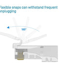 Side view of Cat6 RJ45 Connectors 110 Pack For Ethernet Cables With Gold Plated 8P8C Pins demonstrating flexible snaps.