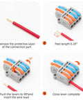 Step-by-step guide showing 10 Pack Lever Wire Connectors, 2 In 4 Out Quick Wiring Cable Connectors for 24 12 AWG installation.