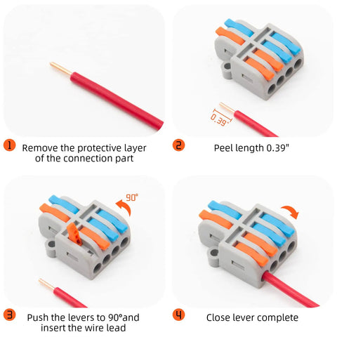 Step-by-step guide showing 10 Pack Lever Wire Connectors, 2 In 4 Out Quick Wiring Cable Connectors for 24 12 AWG installation.