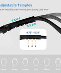 Adjustable temples of Tough As Nails Clear Safety Glasses Heavy Duty Bulk Pack, fitting head sizes 4.72" - 5.21" comfortably.