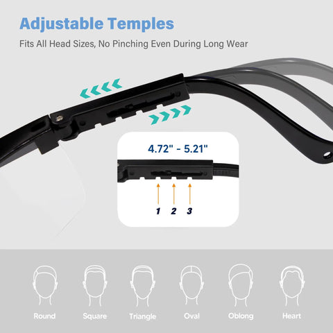 Adjustable temples of Tough As Nails Clear Safety Glasses Heavy Duty Bulk Pack, fitting head sizes 4.72" - 5.21" comfortably.