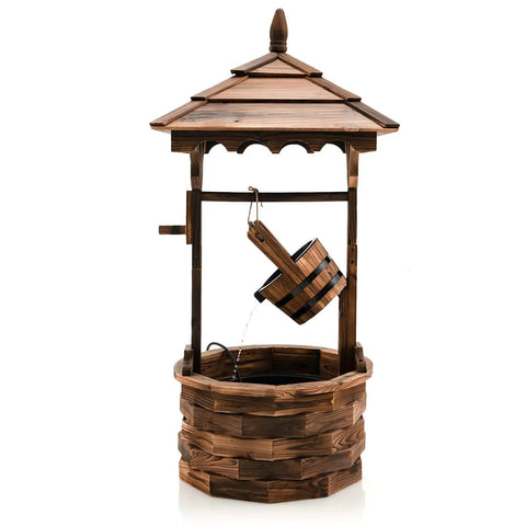 Rustic Wishing Well Outdoor Fountain With Electric Pump, freestanding wooden water feature with bucket for backyard patio