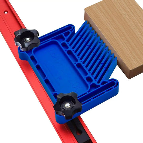 Workhorse Stackable Featherboard Rig For Table Saw Router And Bandsaw With Tight Lock Anti Kickback Bar T Track Mount Blue Grip Handles No Sweat Setup, blue handle featherboard attached to T-track with wood block.
