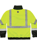 Back view of 3 In 1 Hi Vis Winter Bomber Jacket With Fleece Liner In Lime, Weatherproof Shell For Cold Weather, reflective stripes