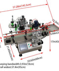 Heavy Duty Desktop Automatic Round Bottle Labeling Machine With Chain Plate Conveyor And Digital Coding, High Velocity Applicator for Plastic and Glass Containers, dimension specs shown.
