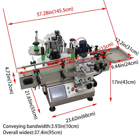 Heavy Duty Desktop Automatic Round Bottle Labeling Machine With Chain Plate Conveyor And Digital Coding, High Velocity Applicator for Plastic and Glass Containers, dimension specs shown.