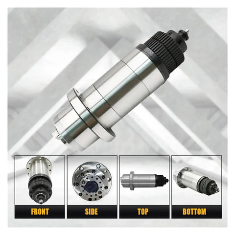 Built Tough Industrial Bt30 Atc Spindle With Five Heavy Duty Bearings And Synchronous Belt Drawbar For Cnc Milling Router Power Head Motor Plus Fast Swap Tool System from front, side, top, and bottom views.