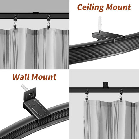 10-Foot Flexible Black Curtain Track System With Bendable Curved Rail For Ceiling Or Wall Mount, Sliding Track For Bay Window RV Room Dividers, Includes Brackets And Easy Fuss Installation. Ceiling and wall mount black curtain track with brackets and hanging curtains