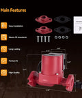 Level Up Your Hot Water Game With This Slick 22 GPM Circulator Pump For Fast Recirculation Three Speed Settings Bronze Build And Easy Plug And Play Install For Smooth Residential Plumbing Flow. Red pump with installation kit and dimensions.