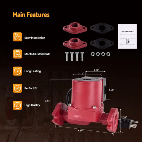 Level Up Your Hot Water Game With This Slick 22 GPM Circulator Pump For Fast Recirculation Three Speed Settings Bronze Build And Easy Plug And Play Install For Smooth Residential Plumbing Flow. Red pump with installation kit and dimensions.