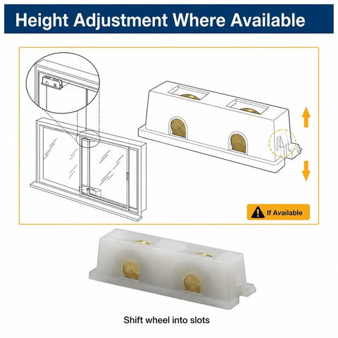 Top Shelf Sliding Window Roller Assembly Two Pack Featuring 7/16 Inch Brass Rollers With Sturdy Nylon Housing For No Sweat Snap Install And Slick Smooth Operation On Your Patio Doors And Glass Panels diagram illustrating height adjustment of a sliding window roller assembly.