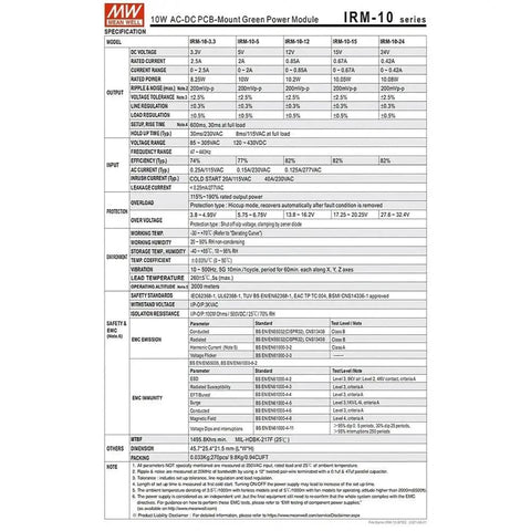 Rock Solid Plug and Play PCB Mount AC DC Power Supply 12V 0.85A 10.2W Universal Input 85 to 305VAC technical specification sheet.