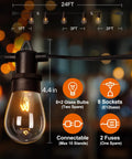 Close-up of 48 Ft Outdoor String Lights 2x24Ft With 20 Edison Vintage Bulbs And 16 Hanging Sockets in dim ambiance.