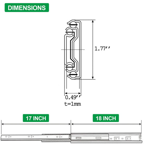 Soft Close Heavy Duty Drawer Slides 18 Inch 6 Pairs Side Mount Metal Ball Bearing Full Extension Rails 110 Lb Load Capacity dimensions