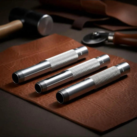 Pro Grade Heavy Duty Steel Leather Hole Punch Set Three Piece Grommet Punch Kit With Sizes One Quarter Inch Three Eighths Inch And One Half Inch For Leather Craft Belts Bags Upholstery And DIY Projects on leather surface, tools in background