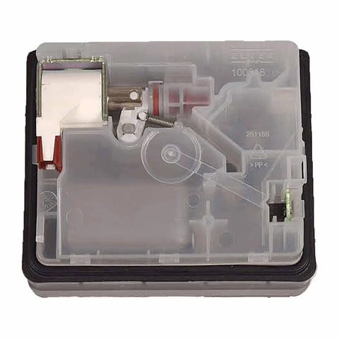 Dishwasher Detergent Dispenser Assembly 12008380 OEM Replacement Part With Optical Sensor TP3, center view of gray plastic unit.