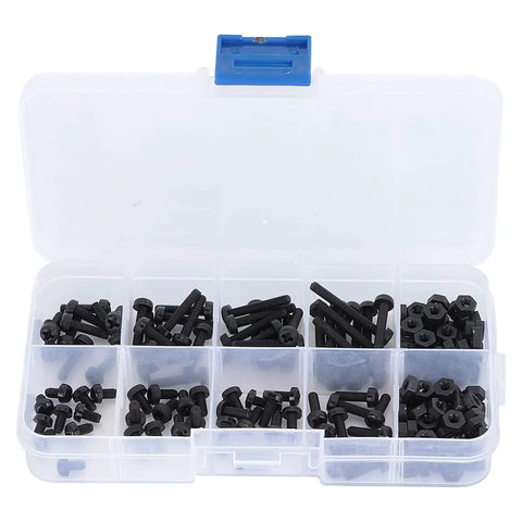 Heavy Duty 160 Piece M3 Nylon Fastener Kit With Non Conductive Hex Socket Screws Nuts And Washers in clear storage box.