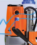 Magnetic Drill Press With Variable Speed For Metal Core Drilling close-up showing motor details and handle for easy operation.