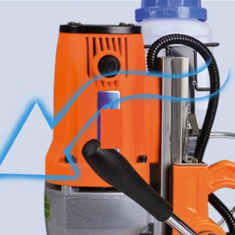 Magnetic Drill Press With Variable Speed For Metal Core Drilling close-up showing motor details and handle for easy operation.