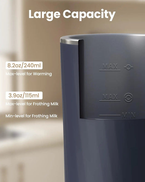 Close-up of 4 In 1 Milk Frother And Steamer For Latte And Cappuccino At Home, Warm And Cold Foam, with capacity indicators