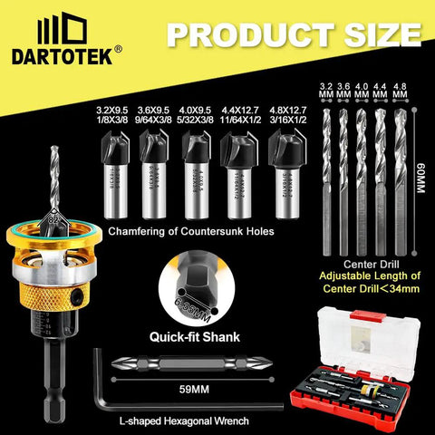 Counter Sink Drill Bit Set With Adjustable Depth HSS M2 Countersink Bits For Wood And Plastic Includes 1/8 9/64 5/32 11/64 3/16 Inch Sizes 82 Degree Counterbore Perfect For Screws And DIY Furniture Projects display