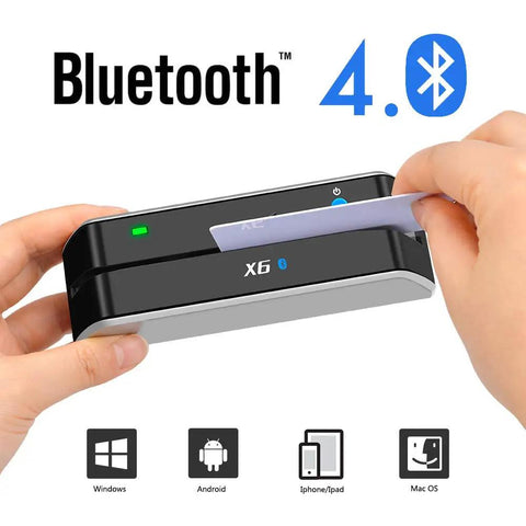 Bluetooth Card Reader and Writer Pro With USB 3 Multi Track Swipe Encoder for Windows Android Mac OS iPhone iPad in use