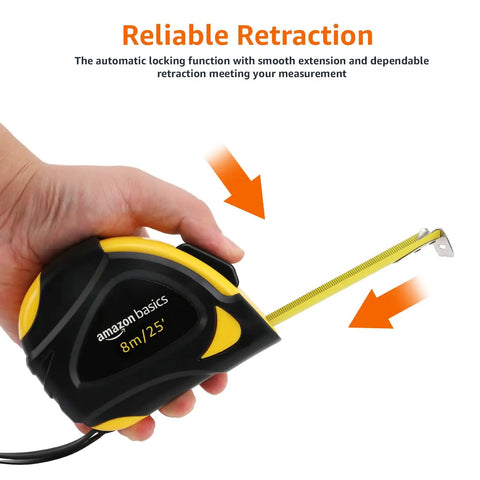 Self Locking Tape Measure 25 Ft Two Pack With Dual Inch And Metric Scales MID Accuracy held in hand