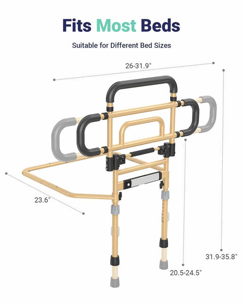 Must-Have 180-Degree Foldable Bed Rail For Seniors with adjustable height, width dimensions, and khaki design for safety.