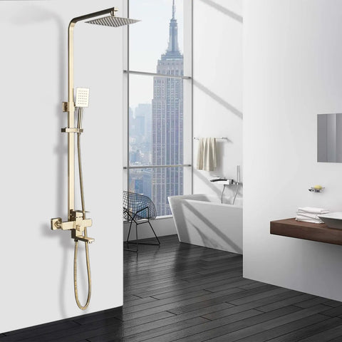 Dope Brushed Gold Shower System With Handheld Spray For Indoor Or Outdoor Use, 3 Function Rainfall, Massage, 360 Degree Tub Spout
