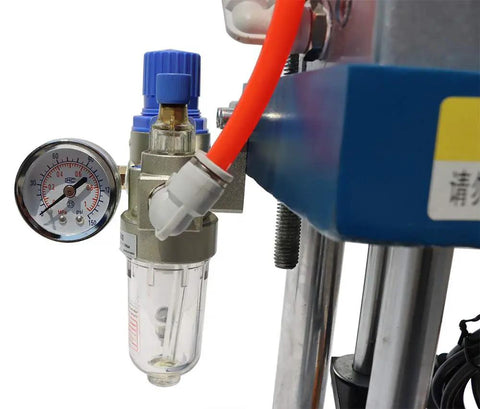 Heavy Duty Desktop Pneumatic Punch Press With Digital Display Adjustable Stroke For Sheet Metal Stamping Built Tough At 660 Lbs Force Knockout Workhorse And Two Button Switch close-up of the air regulator and pressure gauge.