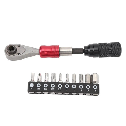 Quarter Inch Drive Ratchet Socket Set With 72 Teeth Aluminum Alloy Detachable Tool Kit Includes Two Point Five To Eight Millimeter Hex Sizes PH1 T25 T30 Star Sockets And Metal Storage Box For Quick No Fuss Home Maintenance And Repair displayed with sockets and tool on white