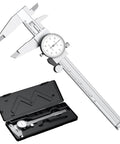0-6 Inch Dial Caliper Measuring Tool In Imperial Stainless Steel With 4 Way Inside Outside Depth And Step Measurements, 0.001 Inch Precision, Shockproof Design, Includes Plastic Case, shown in open case