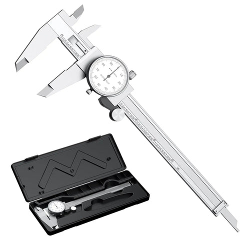 0-6 Inch Dial Caliper Measuring Tool In Imperial Stainless Steel With 4 Way Inside Outside Depth And Step Measurements, 0.001 Inch Precision, Shockproof Design, Includes Plastic Case, shown in open case