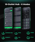 Heavy Duty Smart WiFi Power Strip With 10 Pre Configured Outlets For Zero Hassle Grow Room Automation And Slick App Controlled Lighting Fans Climate Rig app interface on mobile showing ventilation and environmental settings.