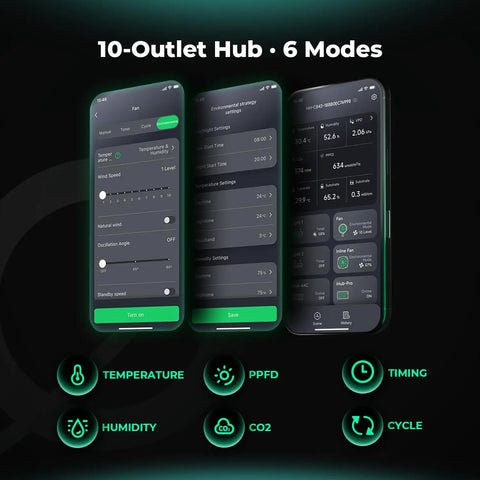 Heavy Duty Smart WiFi Power Strip With 10 Pre Configured Outlets For Zero Hassle Grow Room Automation And Slick App Controlled Lighting Fans Climate Rig app interface on mobile showing ventilation and environmental settings.