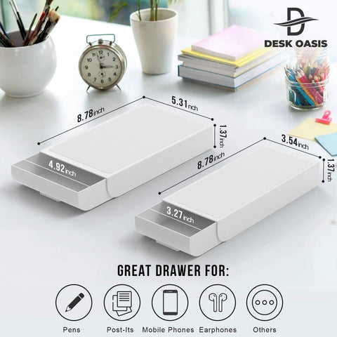 Under Desk Drawer Organizer 2 Pack With Slide Out Storage For Pens Cables And Office Accessories No Drill Adhesive Mount with size dimensions for home office use