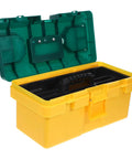 Heavy Duty Portable Plastic Toolbox With Secure Locking Latch And Multi Compartment Storage Perfect For Job Sites And Weekend Projects Tough Built Gear Chest with open lid and multi compartments.